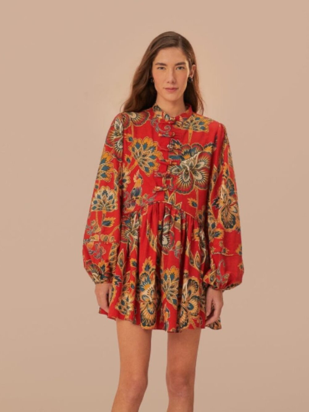 Farm Rio Red Maxi Floral Long Sleeve Mini Dress Size XL